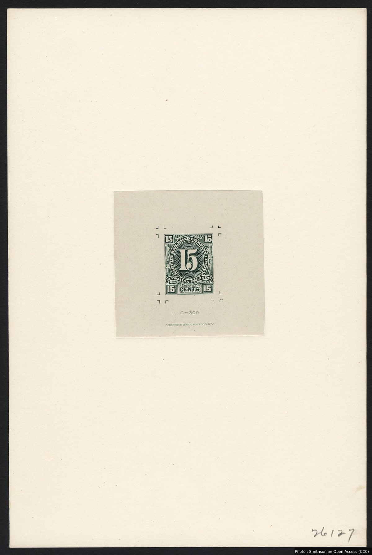 15c Hawaiian Railroad Company parcel stamp die proof